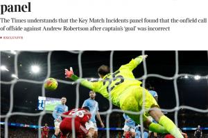 認定誤判！泰晤士報：英超專(zhuān)家組裁定，范戴克對曼城進(jìn)球應判有效