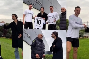 都體：網(wǎng)球運動(dòng)員穆塞蒂探班尤文訓練基地，他是尤文的鐵桿球迷