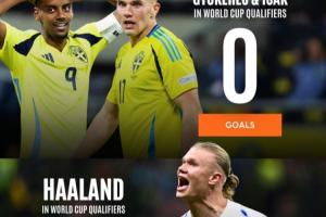 檔次差距？哈蘭德8場(chǎng)16球頭名進(jìn)世界杯，瑞典2.7億鋒線(xiàn)4場(chǎng)1球墊底